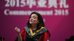 Sheryl Sandberg, Chief Operating Officer of Facebook, delivers a commencement speech at Tsinghua University. 
