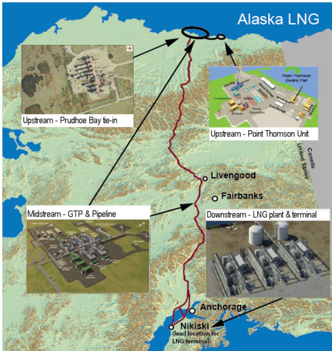 Proposed route of Alaska's liquid natural gas pipeline, the state's largest infrastructure project.
