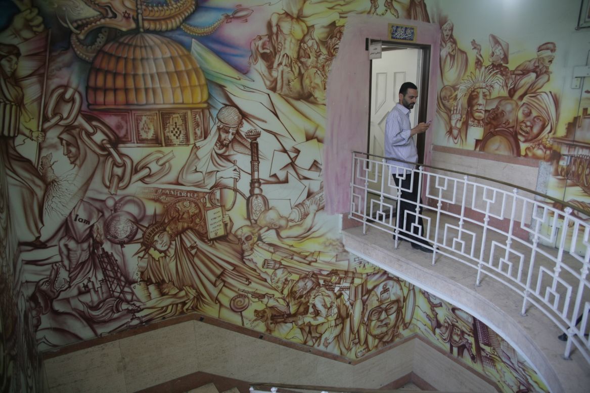 A mural painted on the walls inside depicts the U.S. invasion of neighboring Iraq.