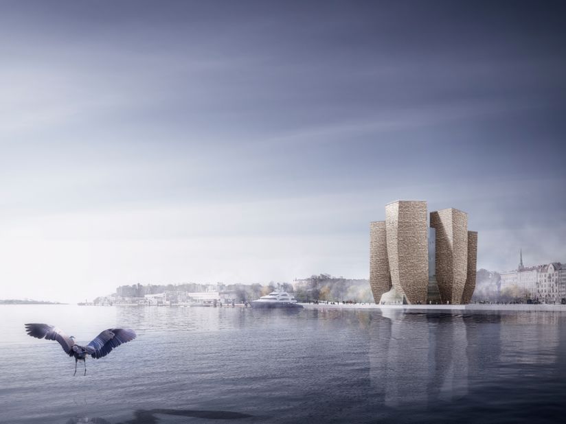 HaasCookZemmrich STUDIO2050 was also considered in the final stage, with five timber towers that huddle together at the edge of the Baltic Sea, forming a shimmering beacon on the shoreline. 