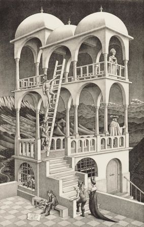 "In this image, the six central pillars on the first floor shift from the front to the back, and vice versa," explained Peterse.<br /><br />"This creates a visual confusion that is emphasized by the two figures climbing the ladder -- at the bottom of the ladder they are inside the building, and at the top they are outside."