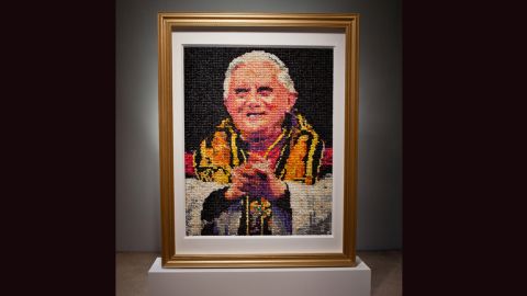 Niki Johnson created this portrait of Pope Benedict XVI from nearly 17,000 condoms. 