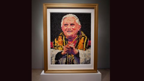 Niki Johnson created this portrait of Pope Benedict XVI from nearly 17,000 condoms.