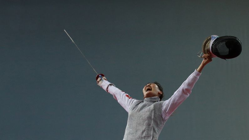 China's Chen Qinghui celebrates a victory at the Asian Fencing Championships on Saturday, June 27.