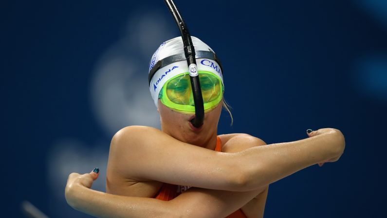 A finswimmer prepares for a race at the European Games on Saturday, June 27. In finswimming, participants use a snorkel and a mermaid-like monofin attached to their feet.