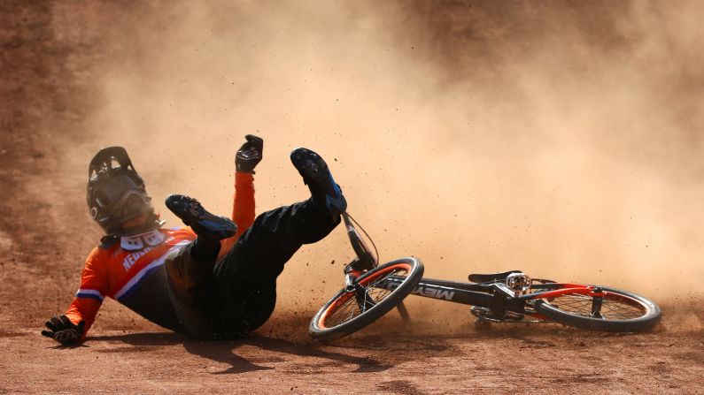 Jelle van Gorkom of the Netherlands crashes during the BMX final at the European Games on Sunday, June 28.