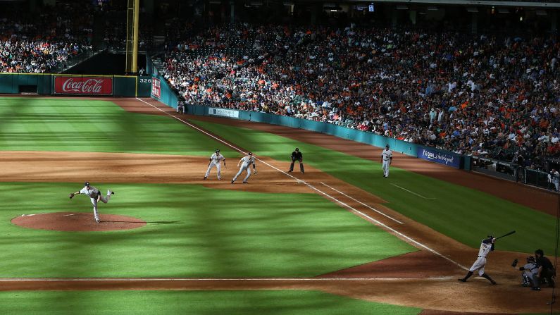 New York Yankees reliever Justin Wilson pitches to Houston's George Springer in the eighth inning of a game in Houston on Saturday, June 27.