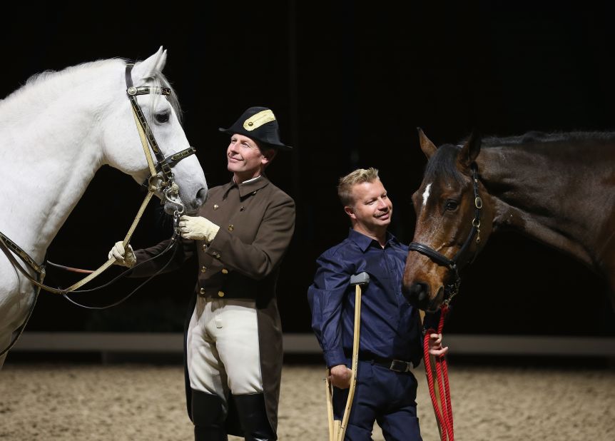 Lee Pearson and Zion (right) with Herwig Radnetter, of the Spanish Riding School of Vienna, and his horse Pluto Sabata. Other athletes say Pearson's personality "blows everyone else out of the water."