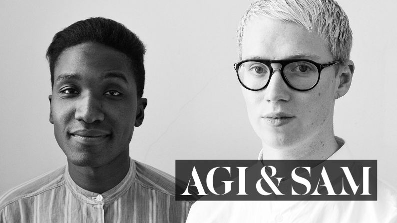Agape "Agi" Mdumulla and Sam Cotton, the two twenty-something Londoners behind <a href="index.php?page=&url=http%3A%2F%2Fwww.agiandsam.com%2F" target="_blank" target="_blank">Agi & Sam</a>, have drawn the attention and support of <a href="index.php?page=&url=http%3A%2F%2Fwww.paulsmith.co.uk%2Fuk-en%2Fshop%2F" target="_blank" target="_blank">Paul Smith</a> and <a href="index.php?page=&url=http%3A%2F%2Fwww.gq-magazine.co.uk%2F" target="_blank" target="_blank">British GQ</a> editor Dylan Jones with their in-your-face prints and off-beat styling. They were nominated for this year's prestigious <a href="index.php?page=&url=http%3A%2F%2Fwww.lvmhprize.com%2F" target="_blank" target="_blank">LVMH Prize</a>. 