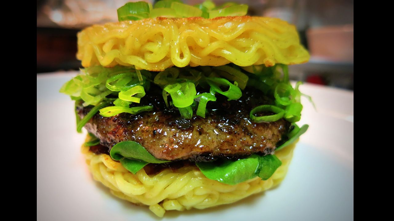 This beef patty sandwiched between two "buns" of ramen noodles can be devoured on both coasts.  Ramen Burger has restaurants in two locations -- New York and  Los Angeles. 