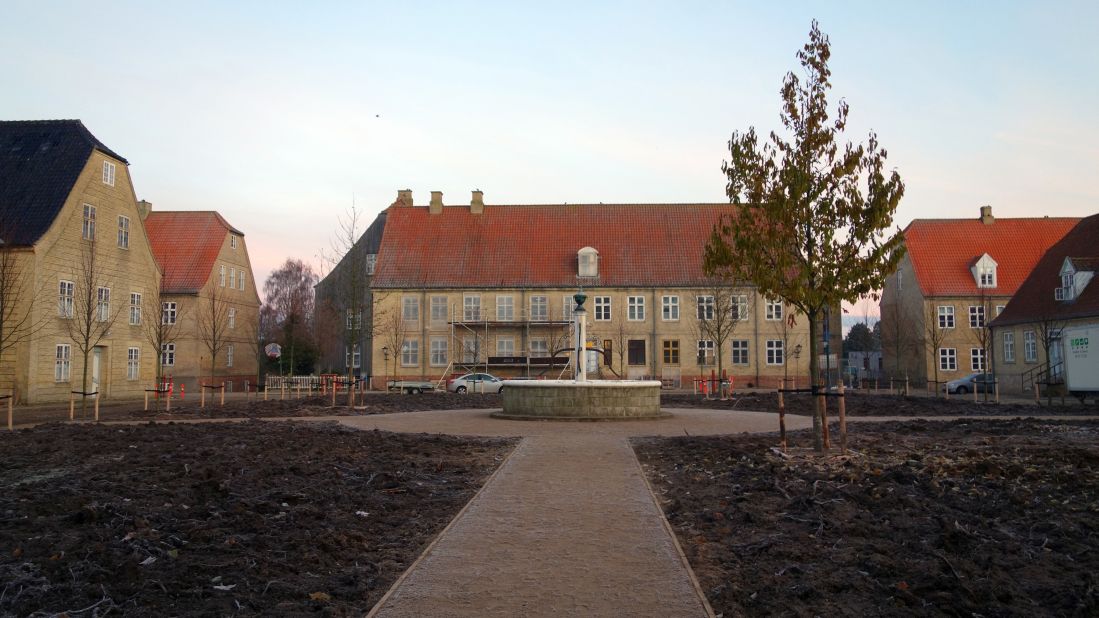 <strong>Christiansfeld, a Moravian Church settlement, Denmark. </strong>Founded in 1773, Christiansfeld is a world-renowned planned settlement of the Moravian Church, which was planned and constructed to represent the Protestant urban ideal of a town built around a central church square. (The church square is shown here.) The buildings are still used by the Moravian Church community. 