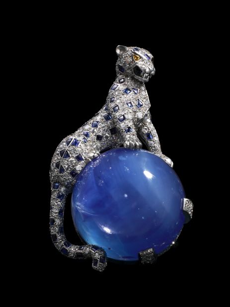 This 1949 brooch made of platinum, white gold, diamonds, and an impressive Kashmir sapphire was the second three-dimensional panther piece that Cartier made for the Duchess of Windsor. (The first was mounted on an emerald.)