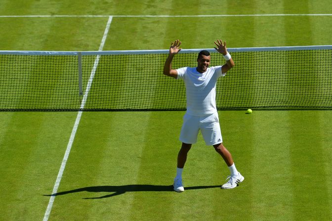 Jo-Wilfried Tsonga, a former Wimbledon semifinalist, had reason to celebrate after topping tricky left-hander Gilles Muller in five sets.