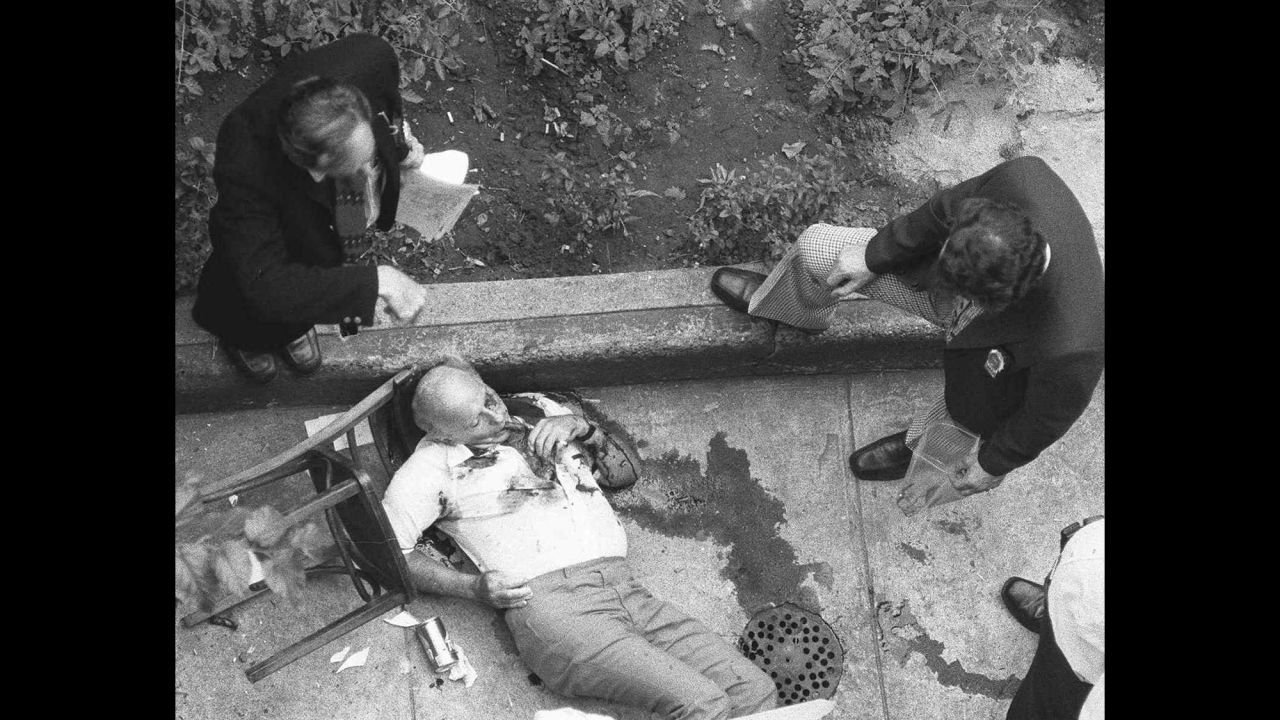 The bloodied body of mafia chieftain Carmine "Lilo" Galante, his final cigar still in his mouth, lies on the floor of a backyard garden in a Brooklyn restaurant July 12, 1979. Galante was gunned down along with an associate and the restaurant's owner. The killers allowed Galante's two bodyguards to leave unharmed. The murder is believed to have been part of a power struggle among New York's organized crime families.