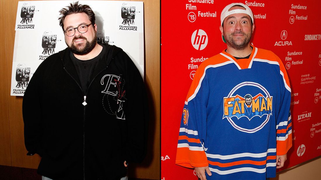 Filmmaker Kevin Smith in 2008, left, and in 2015. The director of "Clerks" and other movies tweeted in June 2015 that he lost 85 pounds. His secret? Walking 5 miles daily and giving up sugary drinks. In August 2018 he shared on social media that a plant based diet helped him shed 51 more pounds after he suffered a heart attack earlier in the year. 