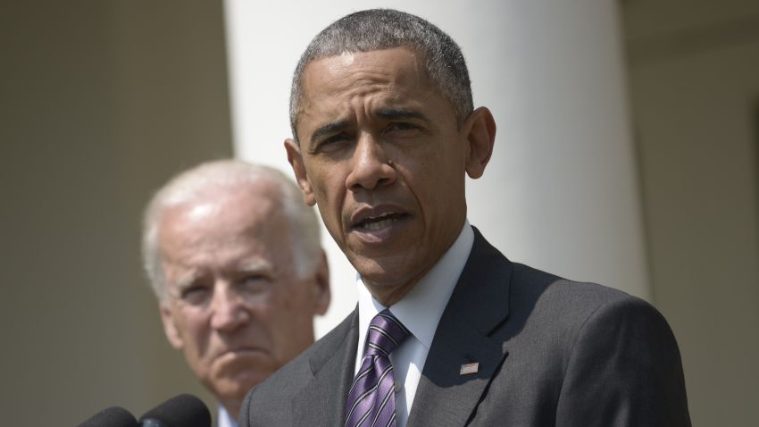 U.S. President Barack Obama speaks along side Vice President Joe Biden in the Rose Garden of the White House on July 1, 2015, in Washington, DC. Obama announced plans to reopen the U.S. Embassy in Havana in an effort to re-establish diplomatic ties with Cuba.