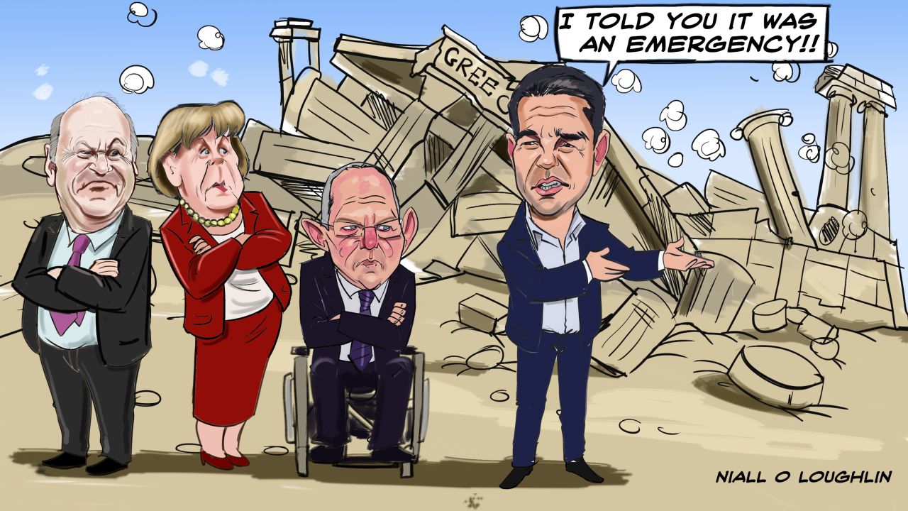 The Greek crisis illustrated by Niall O'Loughlin for the Irish Independent.