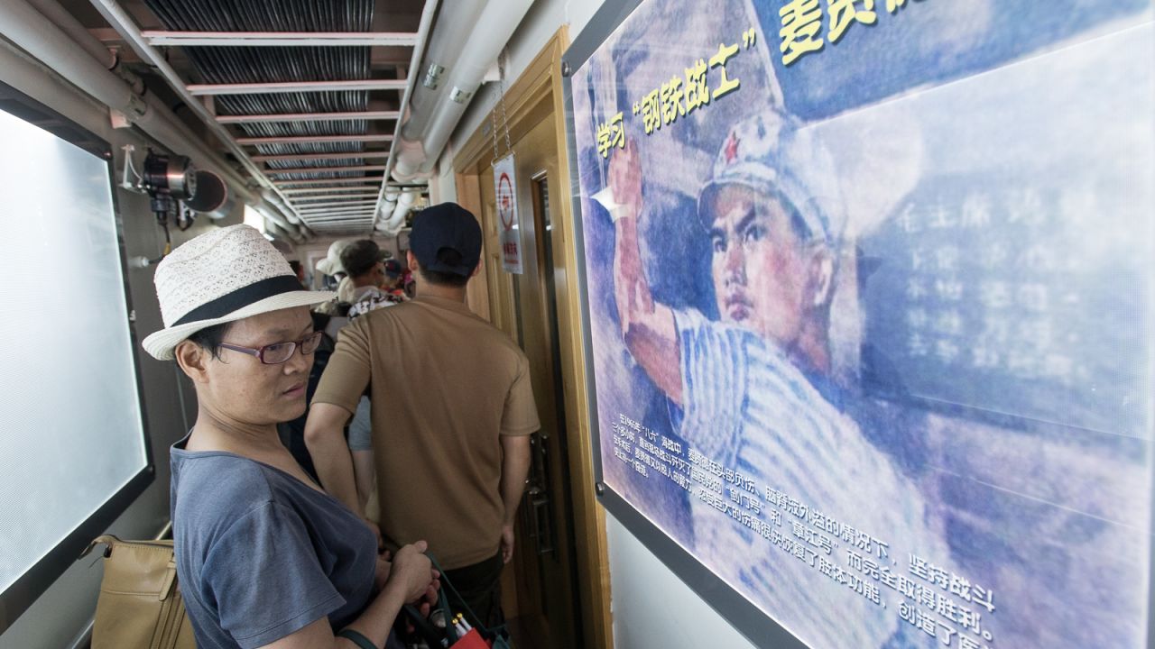 The inside of China's military vessels are lined with patriotic images and slogans. 