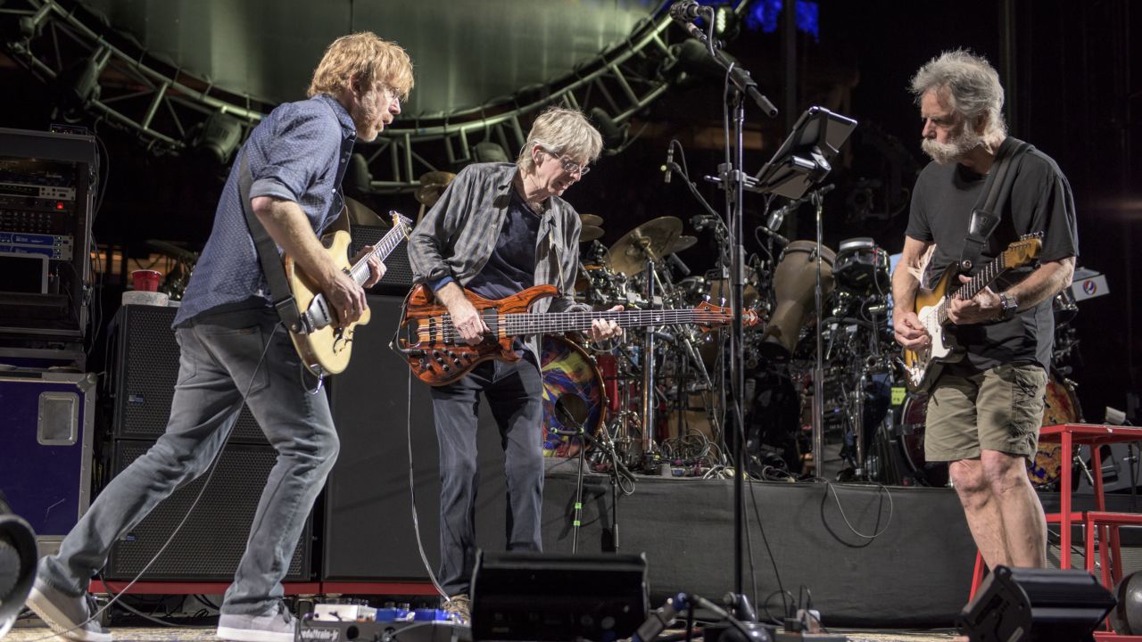 Trey Anastasio, from left, Phil Lesh and Bob Weir perform at the <strong>Grateful Dead</strong>'s June 27 show at Levi's Stadium in Santa Clara, California. This summer's farewell concerts by the Dead are among the toughest tickets in music history, with average prices on the secondary market approaching $700 per seat for their last show in Chicago July 5. 