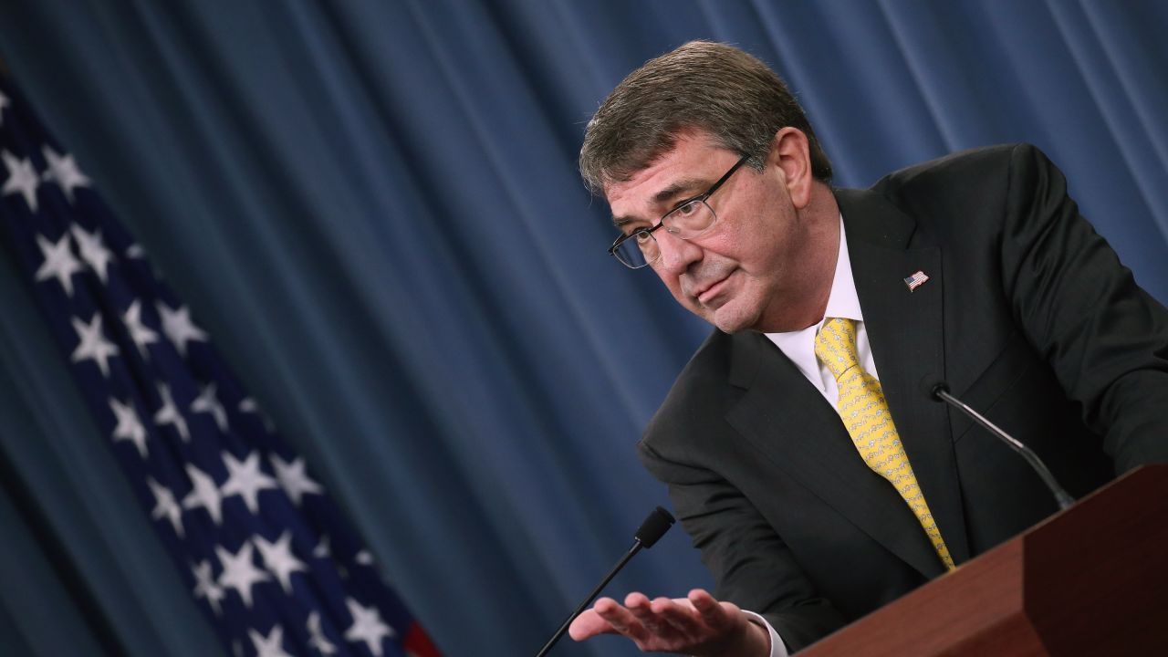 Secretary of Defense Ash Carter speaks to the media during a briefing at the Pentagon May 7, 2015 in Arlington, Virginia.