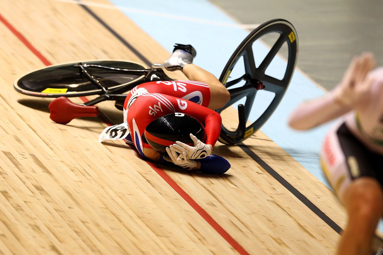 Falls and crashes are rare in track cycling but they always look painful! Here, Pendleton takes protective action at the 2012 World Championships in Melbourne, Australia. The rough and tumble of the track should prepare her well for any problems she encounters on horseback. 