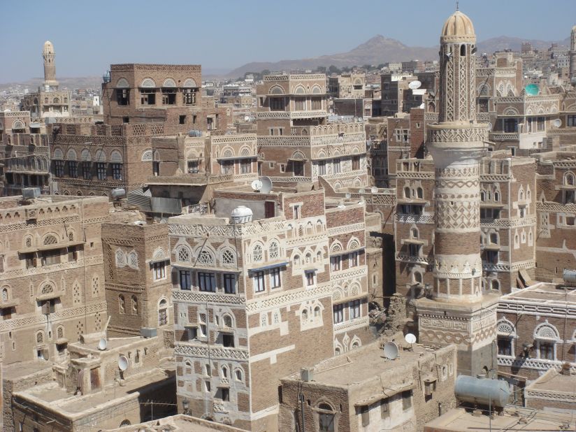 <strong>Endangered: Old City of Sana'a, Yemen.</strong> Yemen's Old City of Sana'a (shown here) and the Old Walled City of Shibam were also named to the List of World Heritage in Danger. Sana'a, whose al-Mahdi Mosque dates to the 12th century, and its surrounding neighborhood have been seriously damaged in armed conflict. The Old Walled City of Shibam, which dates to the 16th century and is an excellent example of vertical construction, is also under threat from the current conflict. 