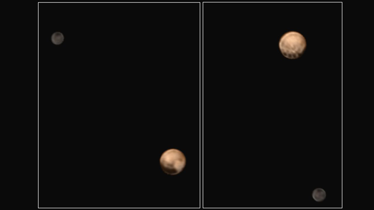 Pluto is shown here along with Charon in images taken on June 25 and 27. The image on the right shows a series of evenly spaced dark spots near Pluto's equator. Scientists hope to solve the puzzle as New Horizons gets closer to Pluto. 