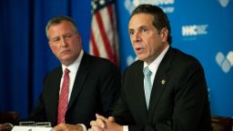 Mayor Bill de Blasio of New York City and Governor Andrew Cuomo of New York speak at a press conference October 23, 2014 in New York City. 