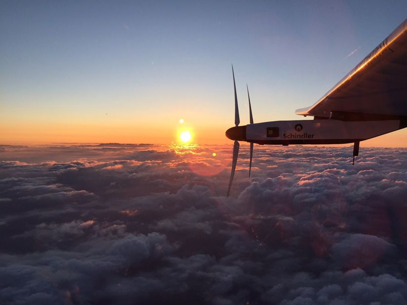 Solar Impulse is seen at sunrise on Monday, June 29, shortly after taking off from the international airport in Nagoya, Japan. The aircraft's Japan-to-Hawaii trip was the most ambitious leg of its quest to circumnavigate the globe powered only by the sun. 