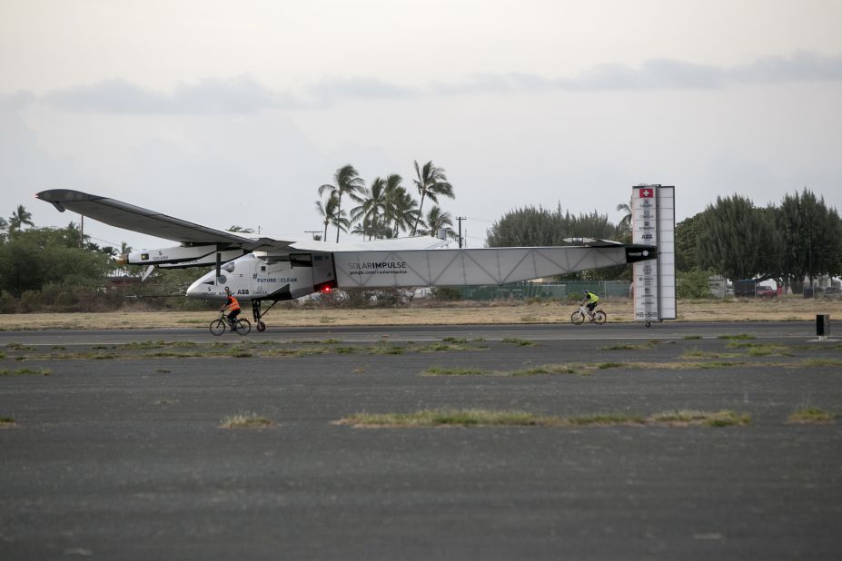 The Solar Impulse 2 is seen at the Kalaeloa Airport in Kapolei, Hawaii, on Friday, July 3. The solar-powered plane, alternately piloted by Andre Borschberg and Bertrand Piccard, is attempting to fly around the world without fuel.