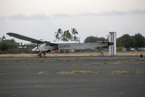 The Solar Impulse 2 is seen at the Kalaeloa Airport in Kapolei, Hawaii, on Friday, July 3. The solar-powered plane, alternately piloted by Andre Borschberg and Bertrand Piccard, is attempting to fly around the world without fuel.