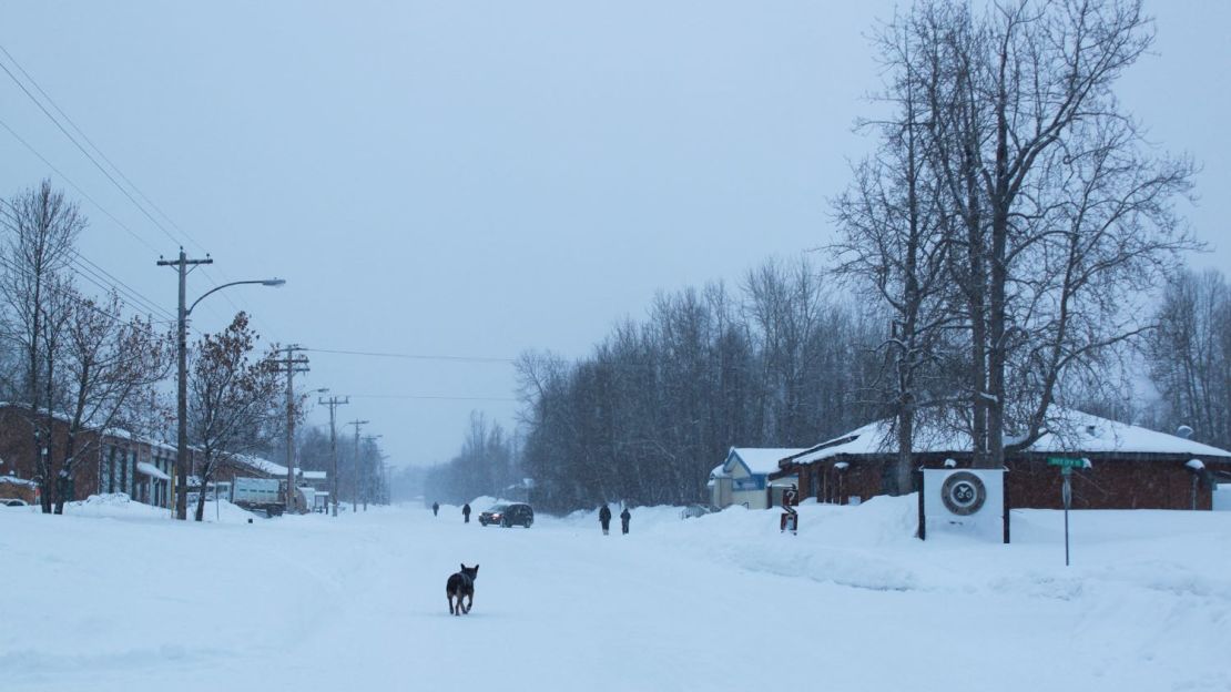 Fort Liard's main street on a December afternoon.