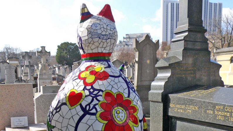 The Montparnasse cemetery also features unusual sculptures by Niki de St. Phalle, which adorn the graves of two of her friends. This one is titled "Le Chat," or "The Cat."