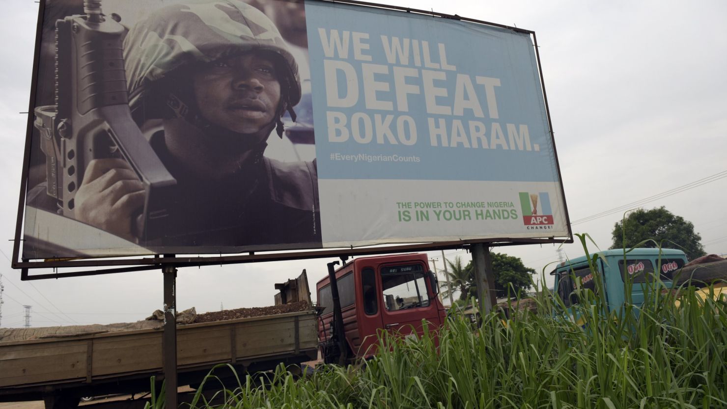 The ruling All Progressives Congress party is posting billboards in Nigeria, trumpeting its effort to defeat the Boko Haram Islamists.