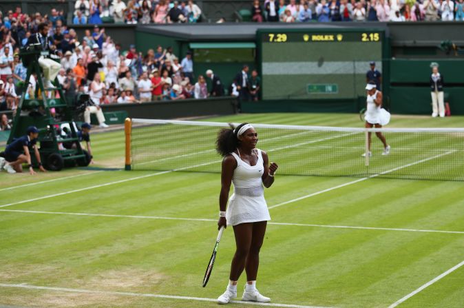 Williams clinched victory with a fierce backhand that caught the line on Center Court. Watson challenged but was proved incorrect. 