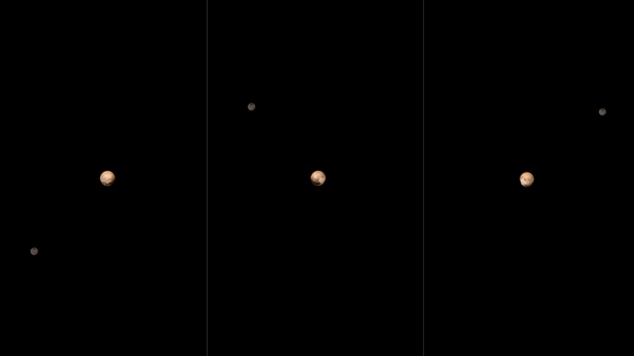 New Horizons took six black-and-white photos of Pluto and Charon between June 23 and 29. The images were combined with color data from another instrument on the space probe to create the images above. The spacecraft was 15 million miles away when it started the sequence and 11 million miles when the last photo was taken.