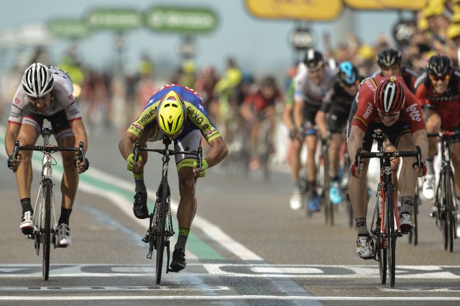 Andre Greipel (right) wins the second stage of the 2015 Tour ahead of Peter Sagan (center) and Fabian Cancellara (left). Greipel and Sagan will again be battling it out for the green jersey.
