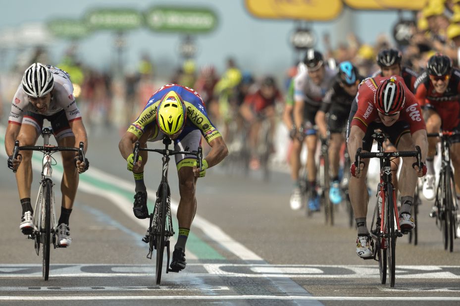 Andre Greipel (right) wins the second stage of the 2015 Tour ahead of Peter Sagan (center) and Fabian Cancellara (left). Greipel and Sagan will again be battling it out for the green jersey.  
