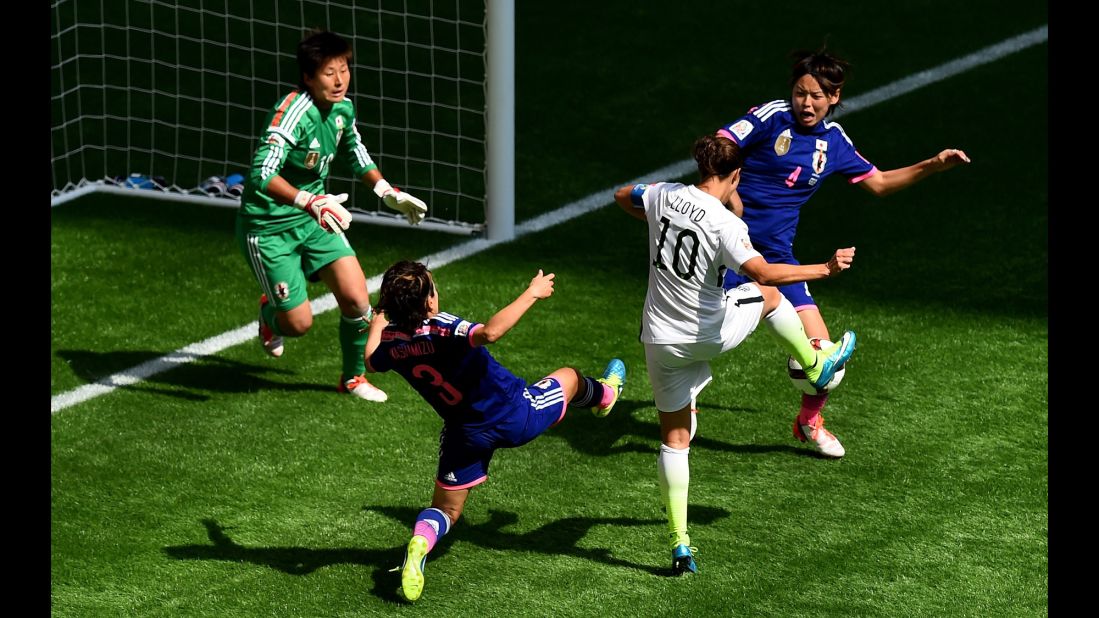 Lloyd scores her team's second goal against Japan on July 5.