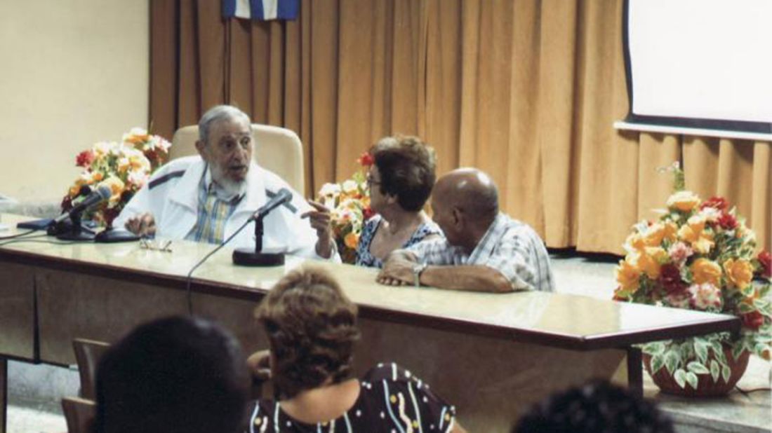 Castro visits with 19 cheese masters on Friday, July 3, 2015, in a rare trip outside his Havana home.