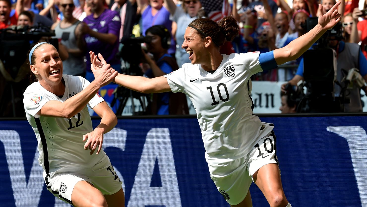 USA's Carli Lloyd, No. 10, scores her second of three goals against Japan in the FIFA Women's World Cup final Sunday.