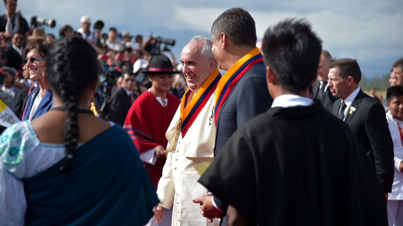 Correa welcomes Pope Francis to Quito on July 5.