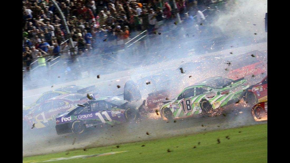 Hamlin spins into other drivers.
