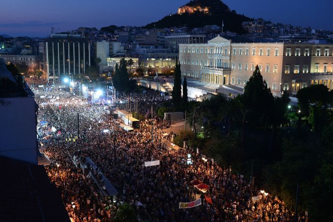 Protesters gather in front of the Greek parliament in Athens, on Monday, June 29. Some 17,000 people took to the streets of Athens and Thessalonique to say 'No' to the latest offer of a bailout deal Monday, accusing Greece's international creditors of blackmail. 
