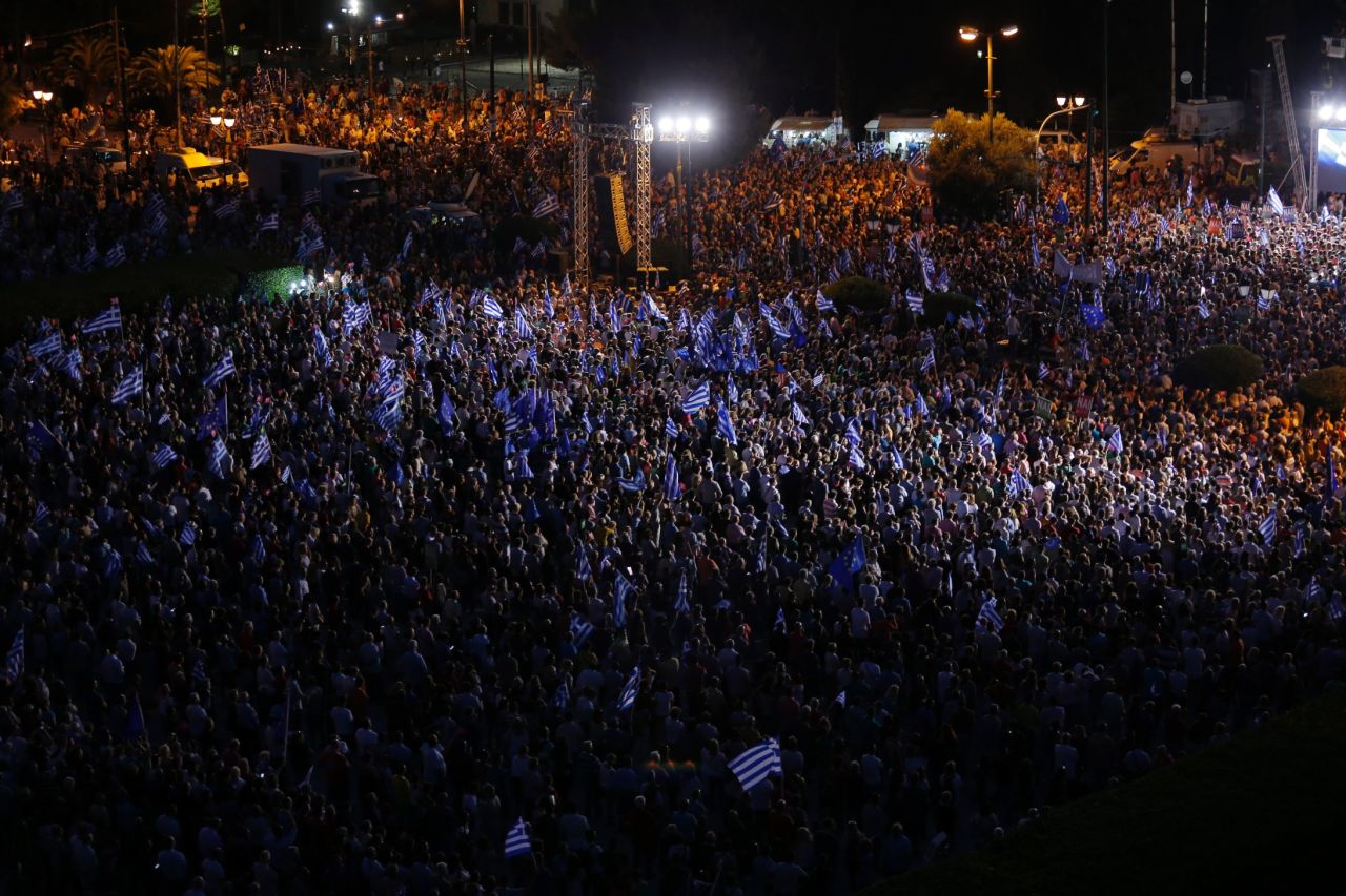 Demonstrators gather during a rally organized by supporters of the Yes vote on Friday, July 3, 2015.