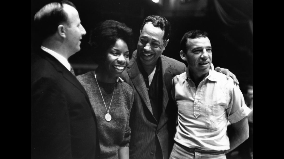 From left, jazz musicians George Shearing, Simone, Duke Ellington and Buddy Rich attend the Madison Square Garden Jazz Festival in New York in 1959.