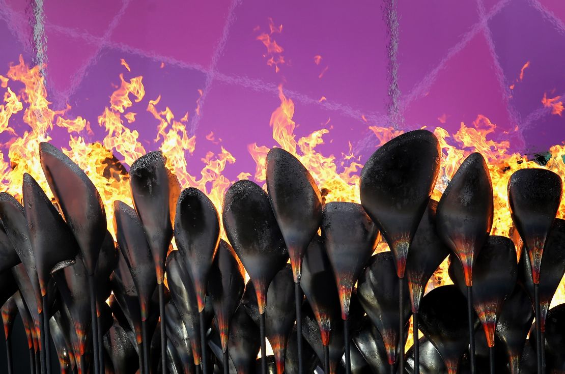 The Thomas Heatherwick designed Cauldron burns bright during the 2012 Paralympic Games in London. 
