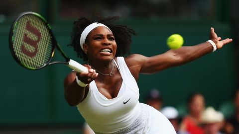 Serena Williams stretches for a forehand while playing Timea Babos in the second round of Wimbledon on Wednesday, July 1. Williams, the world's top-ranked player, won in straight sets. She is looking to win her sixth Wimbledon title and her fourth Grand Slam title in a row.
