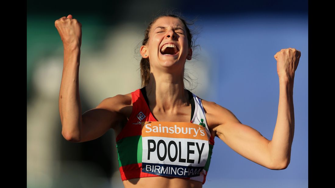 High jumper Isobel Pooley celebrates after setting a British record Saturday, July 4, at the British Championships. Pooley's winning jump was 1.97 meters (6.46 feet).