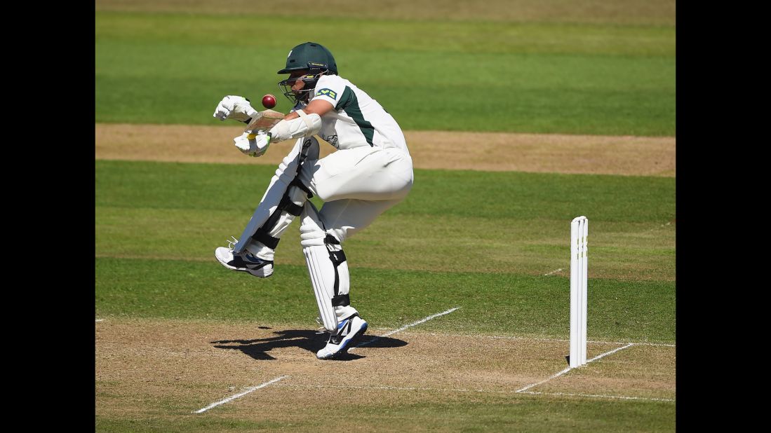 Worcestershire's Saeed Ajmal gets caught up in a short ball while playing Nottinghamshire during a County Championship cricket match in Nottingham, England, on Tuesday, June 30.